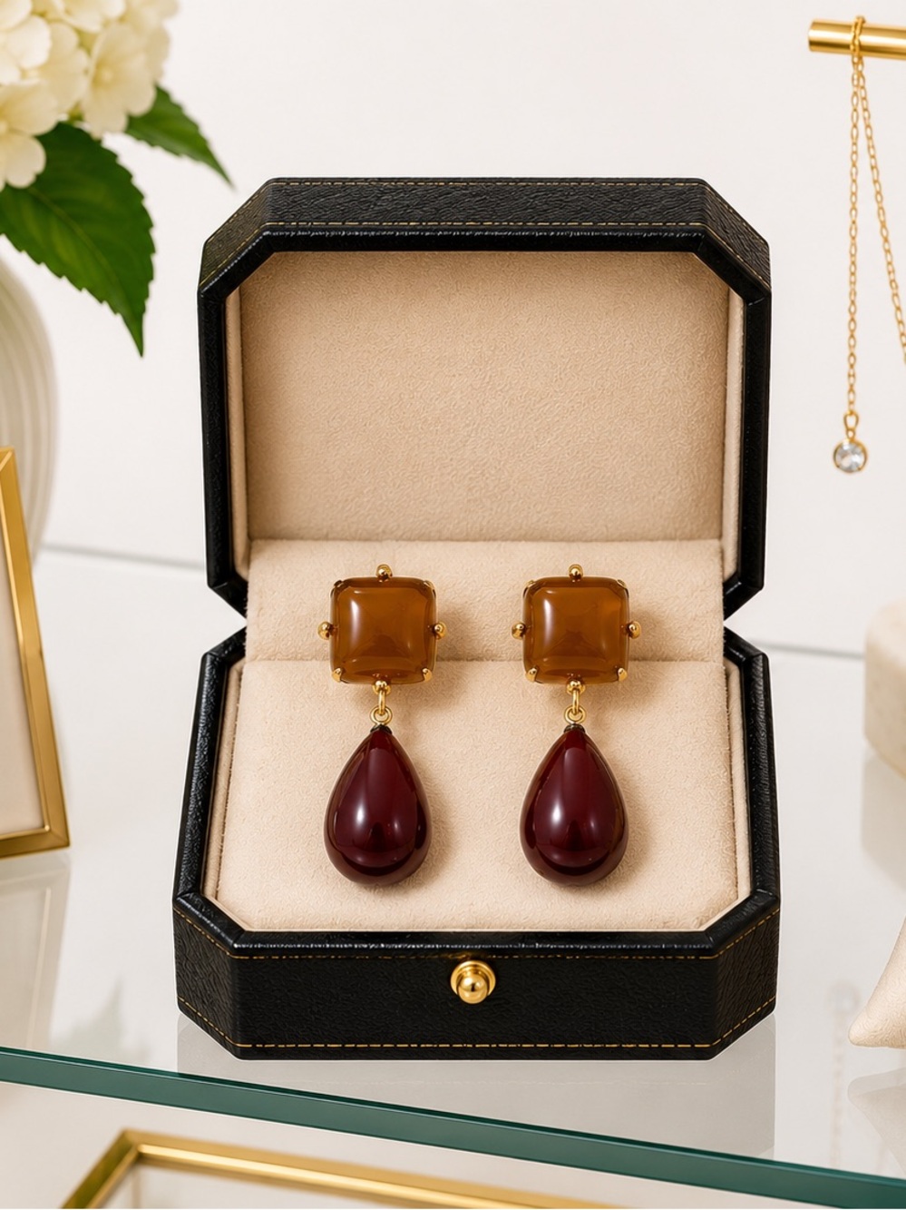 Elegant Two-Tone Drop Earrings in Amber and Deep Burgundy - Women Jewelry
